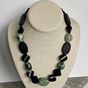 Chunky Green Stones Necklace w Black Beads 18" Earthy Statement Piece 20” nature